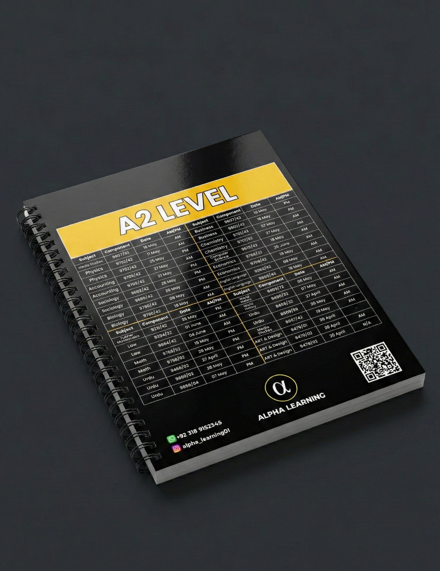 Notebook with A2 Level on a dark background